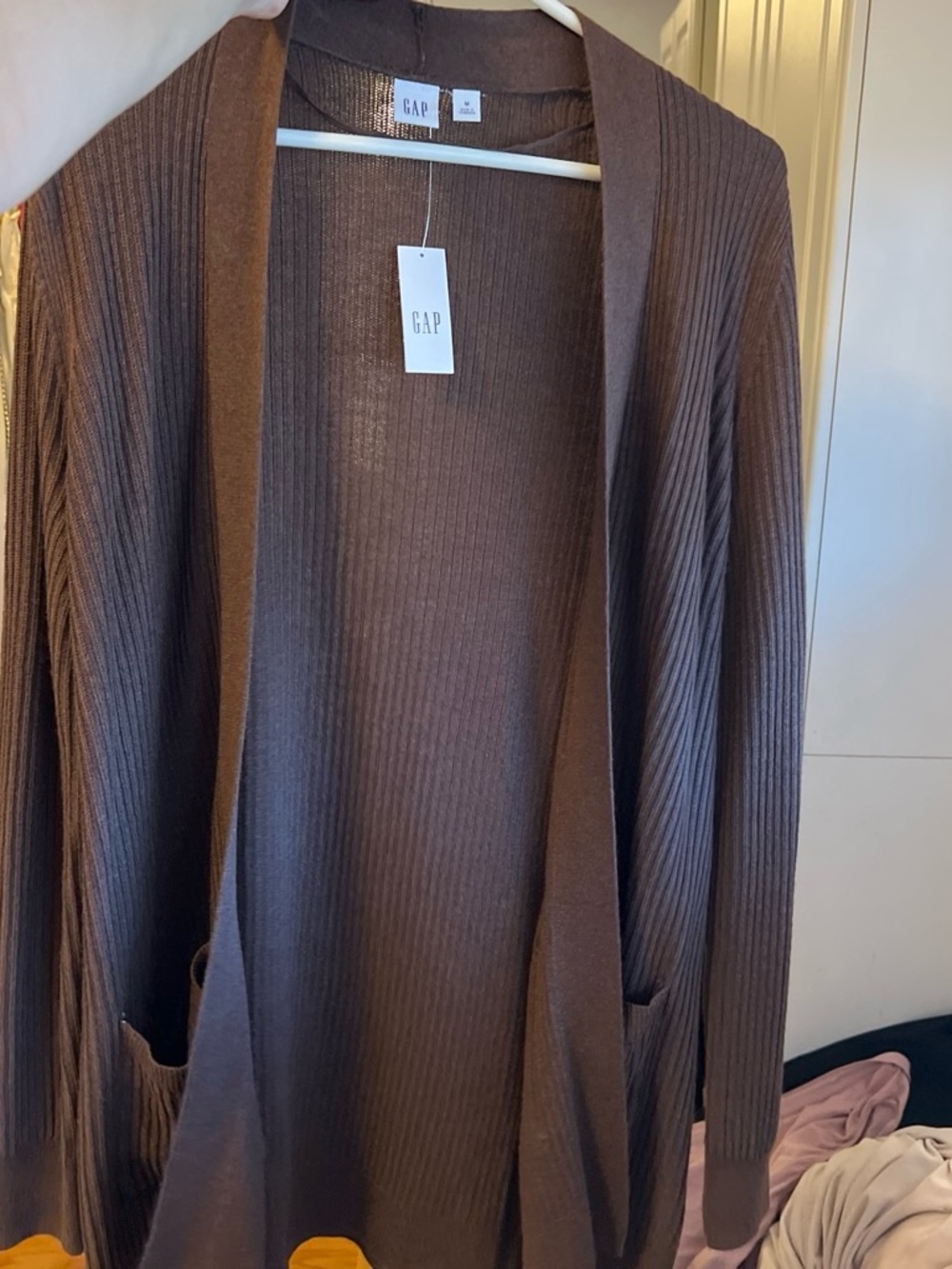 GAP Ribbed Open-Front Cardigan in Dark Brown